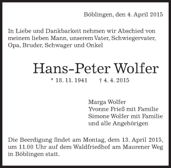 Traueranzeige von Hans-Peter Wolfer von Kreiszeitung Böblinger Bote