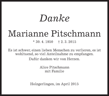 Traueranzeige von Marianne Pitschmann von Kreiszeitung Böblinger Bote