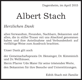 Traueranzeige von Albert Stach von Kreiszeitung Böblinger Bote
