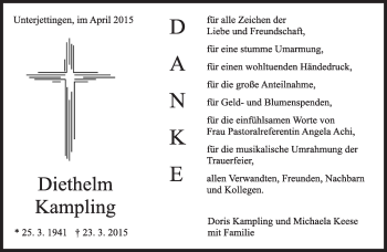 Traueranzeige von Diethelm Kampling von Kreiszeitung Böblinger Bote
