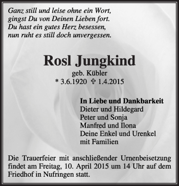 Traueranzeige von Rosl Jungkind von Kreiszeitung Böblinger Bote