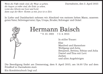 Traueranzeige von Hermann Baisch von Kreiszeitung Böblinger Bote