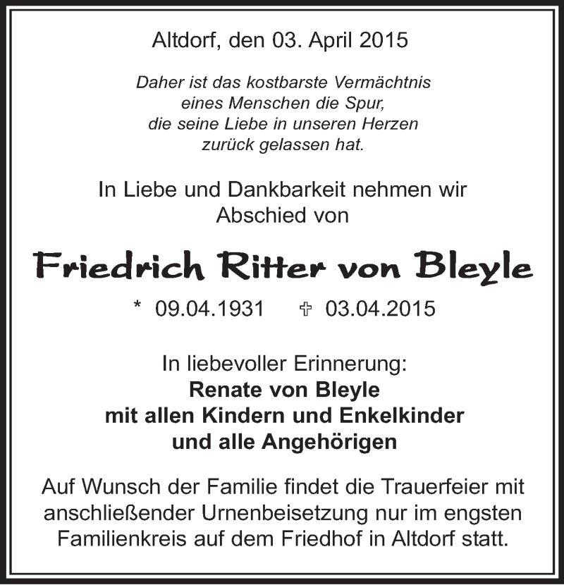  Traueranzeige für Friedrich Ritter von Bleyle vom 11.04.2015 aus Kreiszeitung Böblinger Bote