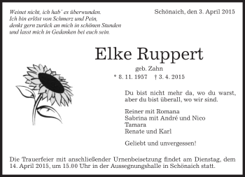 Traueranzeige von Elke Ruppert von Kreiszeitung Böblinger Bote