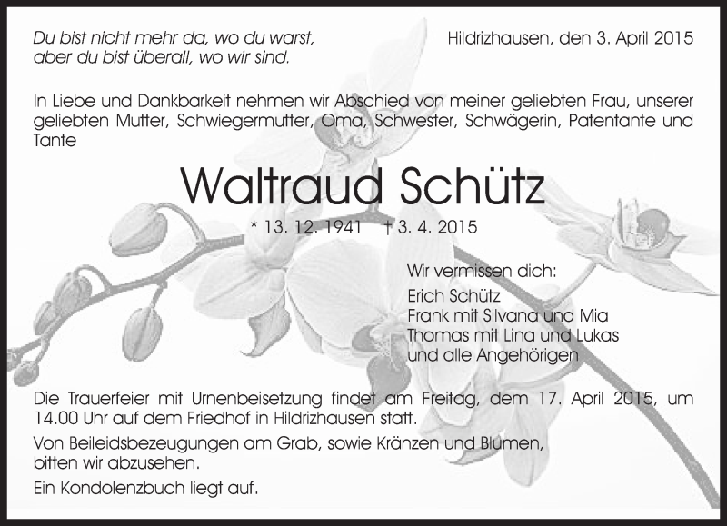  Traueranzeige für Waltraud Schütz vom 10.04.2015 aus Kreiszeitung Böblinger Bote
