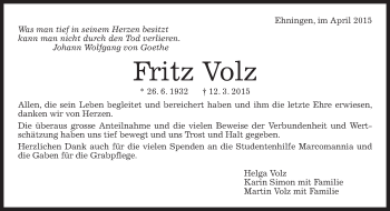 Traueranzeige von Fritz Volz von Kreiszeitung Böblinger Bote