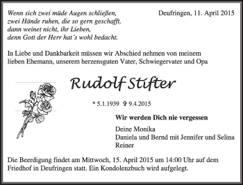 Traueranzeige von Rudolf Stifter von Kreiszeitung Böblinger Bote