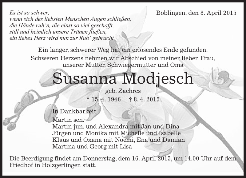  Traueranzeige für Susanna Modjesch vom 11.04.2015 aus Kreiszeitung Böblinger Bote