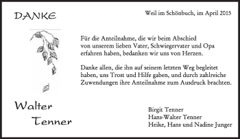 Traueranzeige von Walter Tenner von Kreiszeitung Böblinger Bote