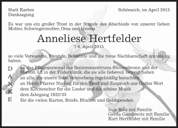 Traueranzeige von Anneliese Hertfelder von Kreiszeitung Böblinger Bote