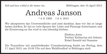 Traueranzeige von Andreas Janson von Kreiszeitung Böblinger Bote