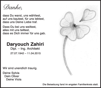 Traueranzeige von Daryouch Zahiri von Kreiszeitung Böblinger Bote