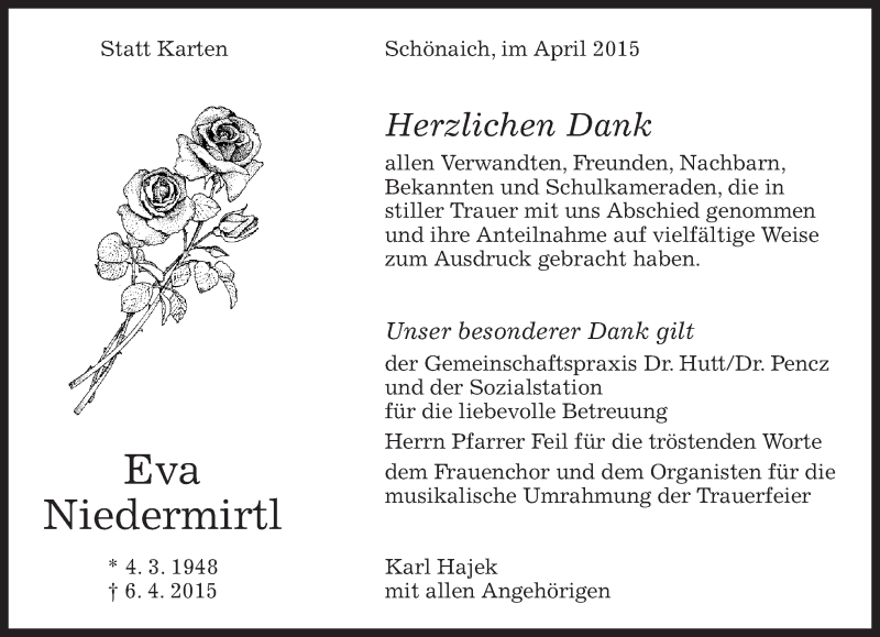 Traueranzeige für Eva Niedermirtl vom 23.04.2015 aus Kreiszeitung Böblinger Bote