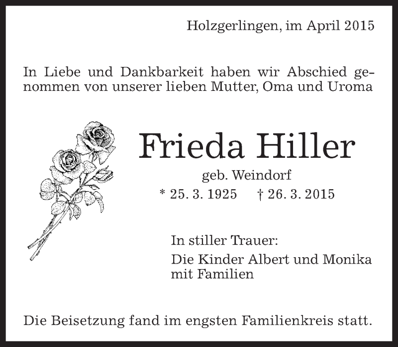  Traueranzeige für Frieda Hiller vom 24.04.2015 aus Kreiszeitung Böblinger Bote