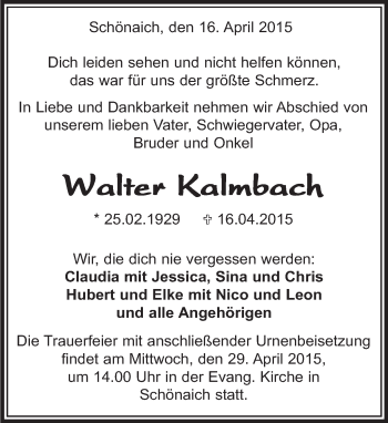 Traueranzeige von Walter Kalmbach von Kreiszeitung Böblinger Bote