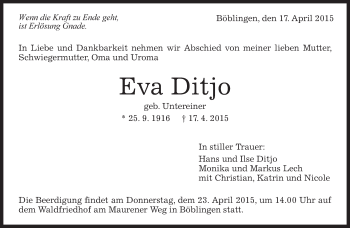 Traueranzeige von Eva Ditjo von Kreiszeitung Böblinger Bote