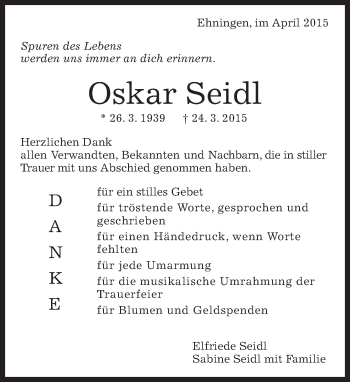Traueranzeige von Oskar Seidl von Kreiszeitung Böblinger Bote