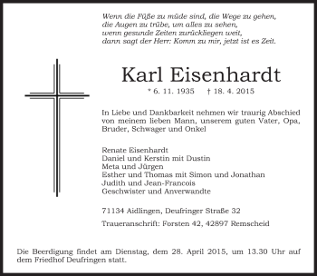 Traueranzeige von Karl Eisenhardt von Kreiszeitung Böblinger Bote