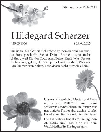 Traueranzeige von Hildegard Scherzer von Kreiszeitung Böblinger Bote