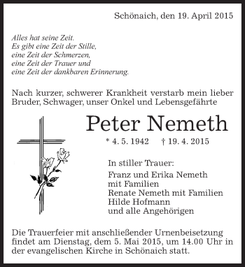Traueranzeige von Peter Nemeth von Kreiszeitung Böblinger Bote