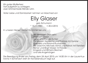 Traueranzeige von Elly Glaser von Kreiszeitung Böblinger Bote