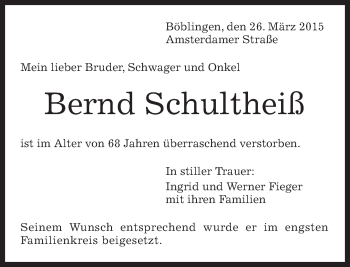 Traueranzeige von Bernd Schultheiß von Kreiszeitung Böblinger Bote