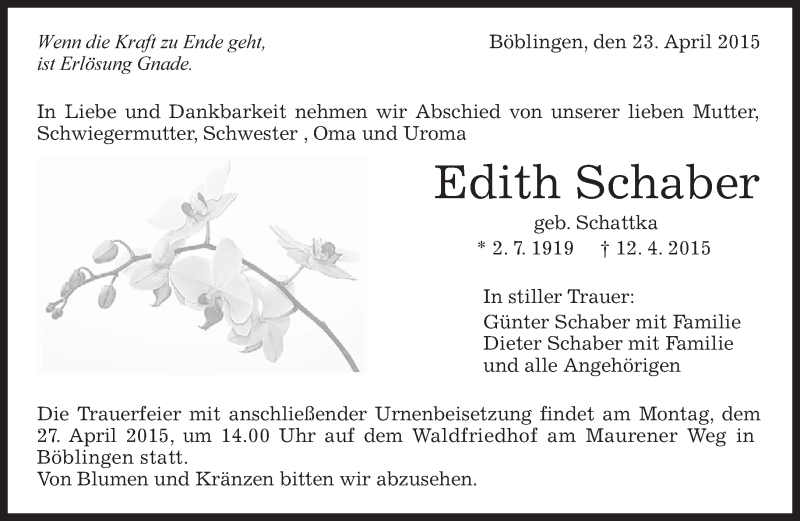  Traueranzeige für Edith Schaber vom 23.04.2015 aus Kreiszeitung Böblinger Bote