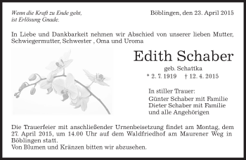 Traueranzeige von Edith Schaber von Kreiszeitung Böblinger Bote