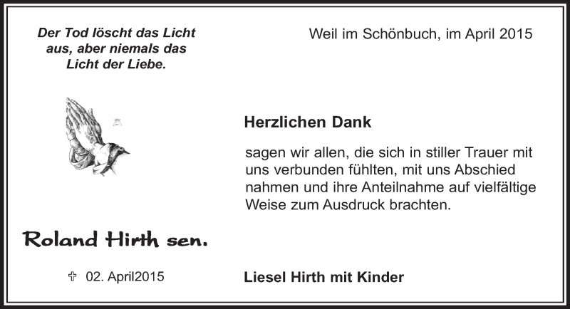  Traueranzeige für Roland Hirth vom 23.04.2015 aus Kreiszeitung Böblinger Bote