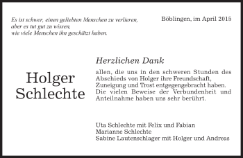 Traueranzeige von Holger Schlechte von Kreiszeitung Böblinger Bote