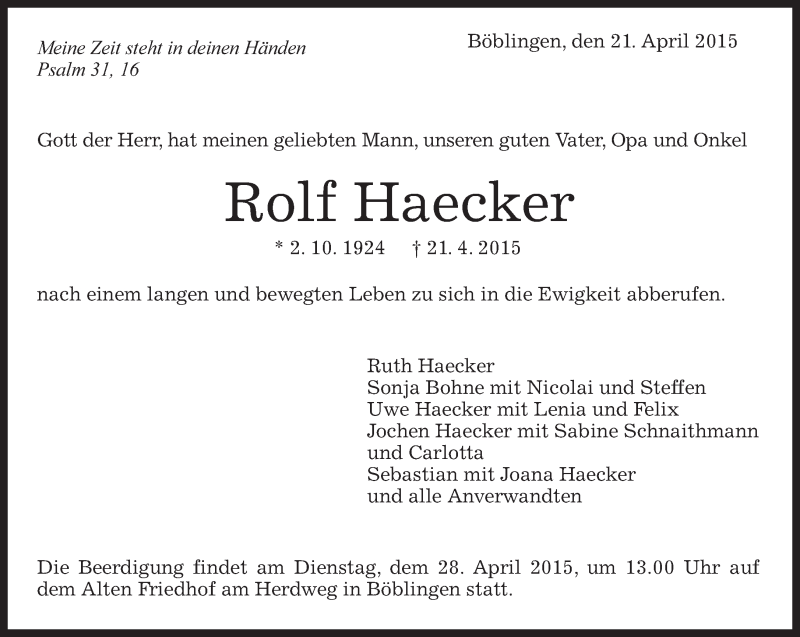  Traueranzeige für Rolf Haecker vom 24.04.2015 aus Kreiszeitung Böblinger Bote