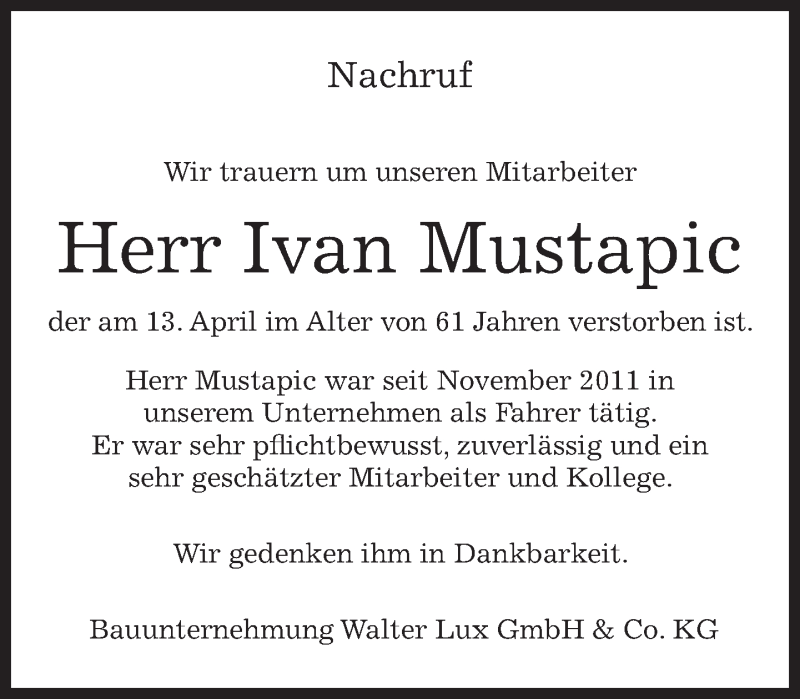  Traueranzeige für Ivan Mustapic vom 25.04.2015 aus Kreiszeitung Böblinger Bote