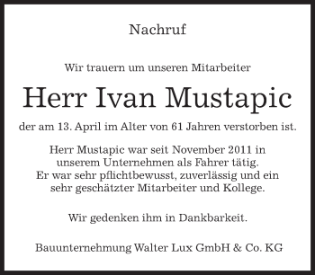 Traueranzeige von Ivan Mustapic von Kreiszeitung Böblinger Bote