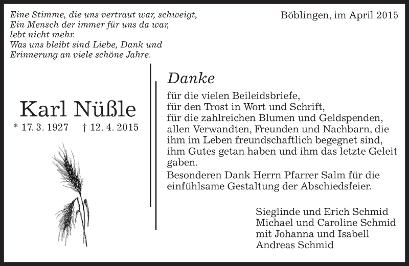  Traueranzeige für Karl Nüßle vom 25.04.2015 aus Kreiszeitung Böblinger Bote