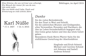 Traueranzeige von Karl Nüßle von Kreiszeitung Böblinger Bote