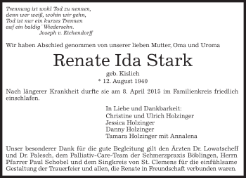 Traueranzeige von Renate Ida Stark von Kreiszeitung Böblinger Bote