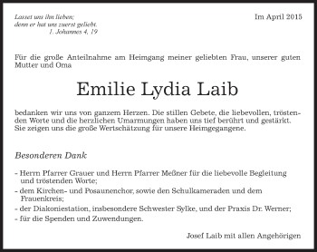 Traueranzeige von Emilie Lydia Laib von Kreiszeitung Böblinger Bote