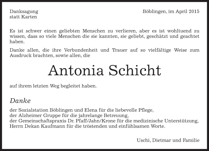  Traueranzeige für Antonia Schicht vom 27.04.2015 aus Kreiszeitung Böblinger Bote