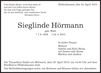 Traueranzeige von Sieglinde Hörmann von Kreiszeitung Böblinger Bote