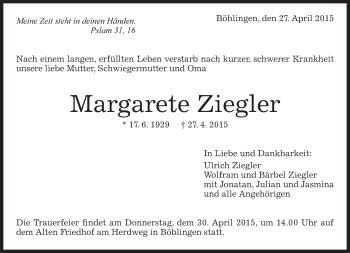 Traueranzeige von Margarete Ziegler von Kreiszeitung Böblinger Bote