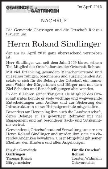 Traueranzeige von Roland Sindlinger von Kreiszeitung Böblinger Bote