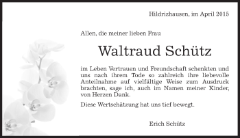 Traueranzeige von Waltraud Schütz von Kreiszeitung Böblinger Bote