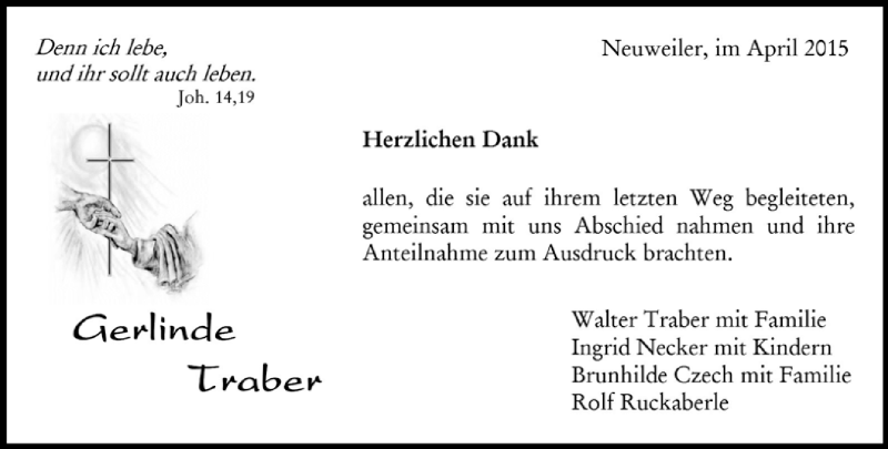  Traueranzeige für Gerlinde Traber vom 30.04.2015 aus Kreiszeitung Böblinger Bote