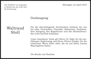 Traueranzeige von Watraud Stoll von Kreiszeitung Böblinger Bote