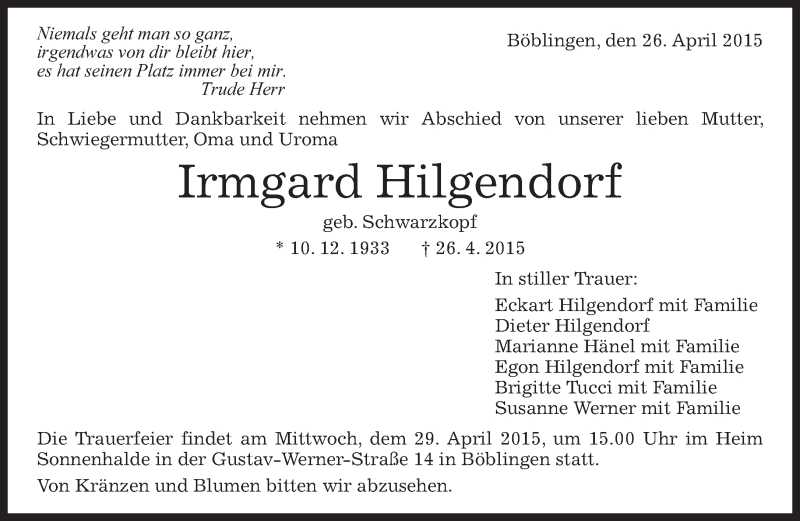 Traueranzeige für Irmgard Hilgendorf vom 28.04.2015 aus Kreiszeitung Böblinger Bote