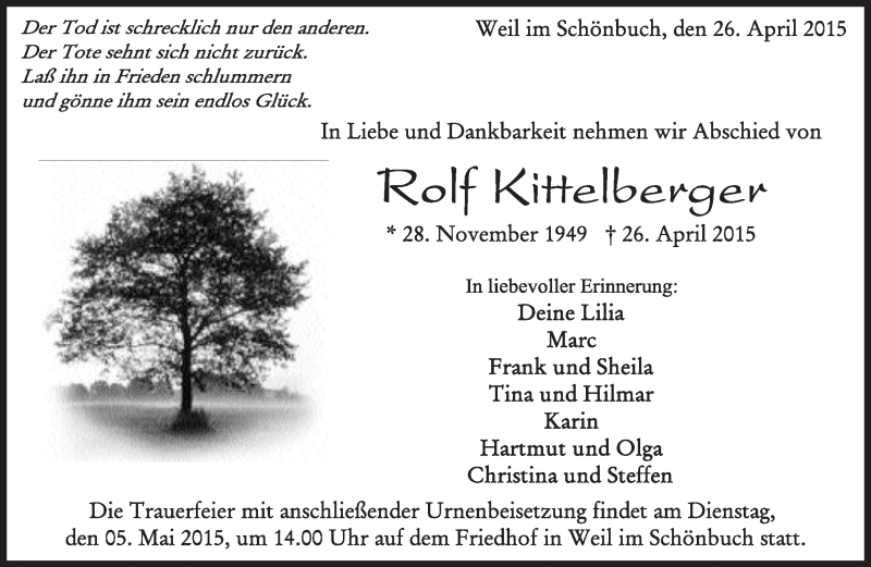  Traueranzeige für Rolf Kittelberger vom 30.04.2015 aus Kreiszeitung Böblinger Bote