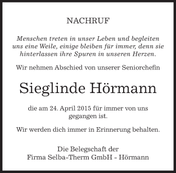 Traueranzeige von Sieglinde Hörmann von Kreiszeitung Böblinger Bote