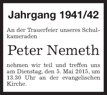 Traueranzeige von Peter Nemeth von Kreiszeitung Böblinger Bote