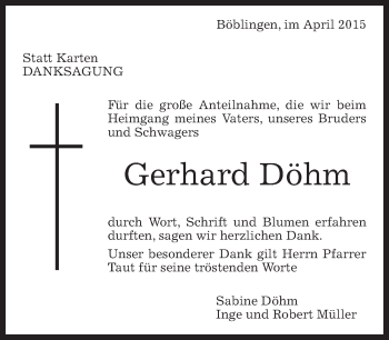Traueranzeige von Gerhard Döhm von Kreiszeitung Böblinger Bote