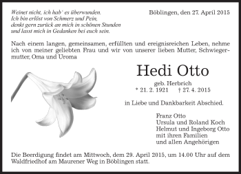 Traueranzeige von Hedi Otto von Kreiszeitung Böblinger Bote